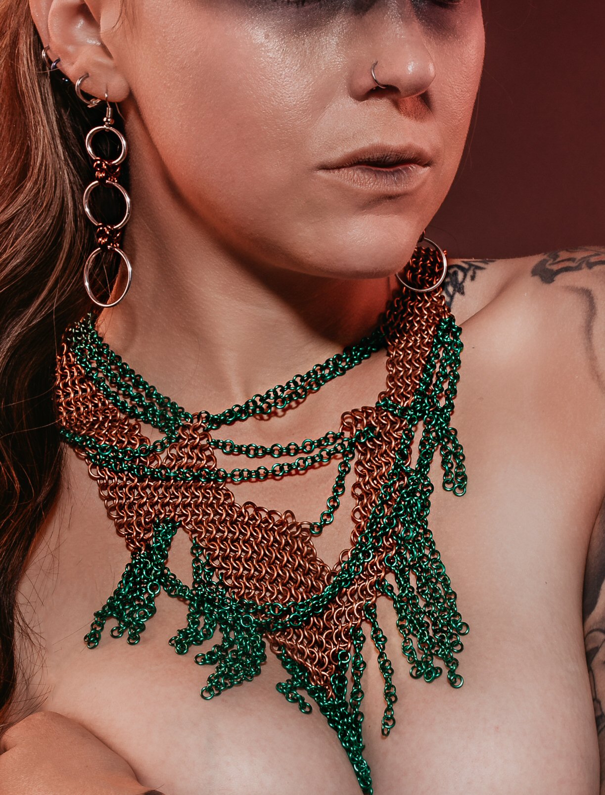 Free form European 4-in-1 chainmaille necklace in Copper and Green
