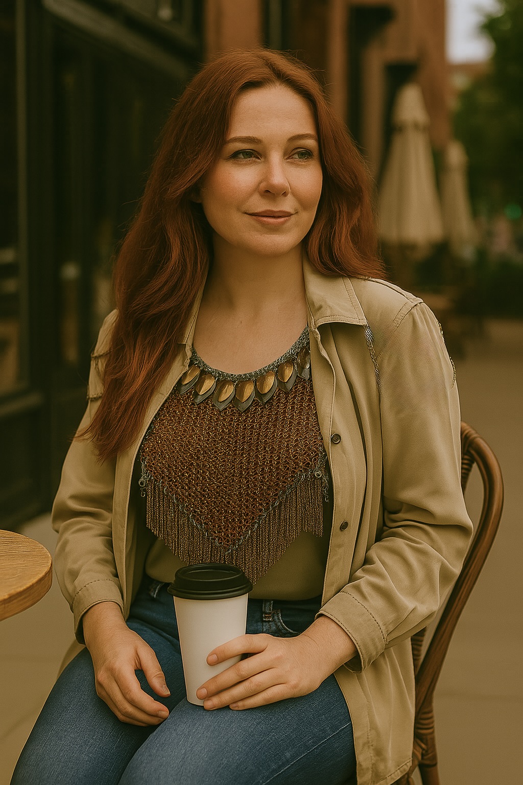 Modern woman wearing bronze, tan, and grey chainmaille with bronze scales, styled with a light fall jacket and black jeans. She holds a coffee cup at an outdoor cafe.