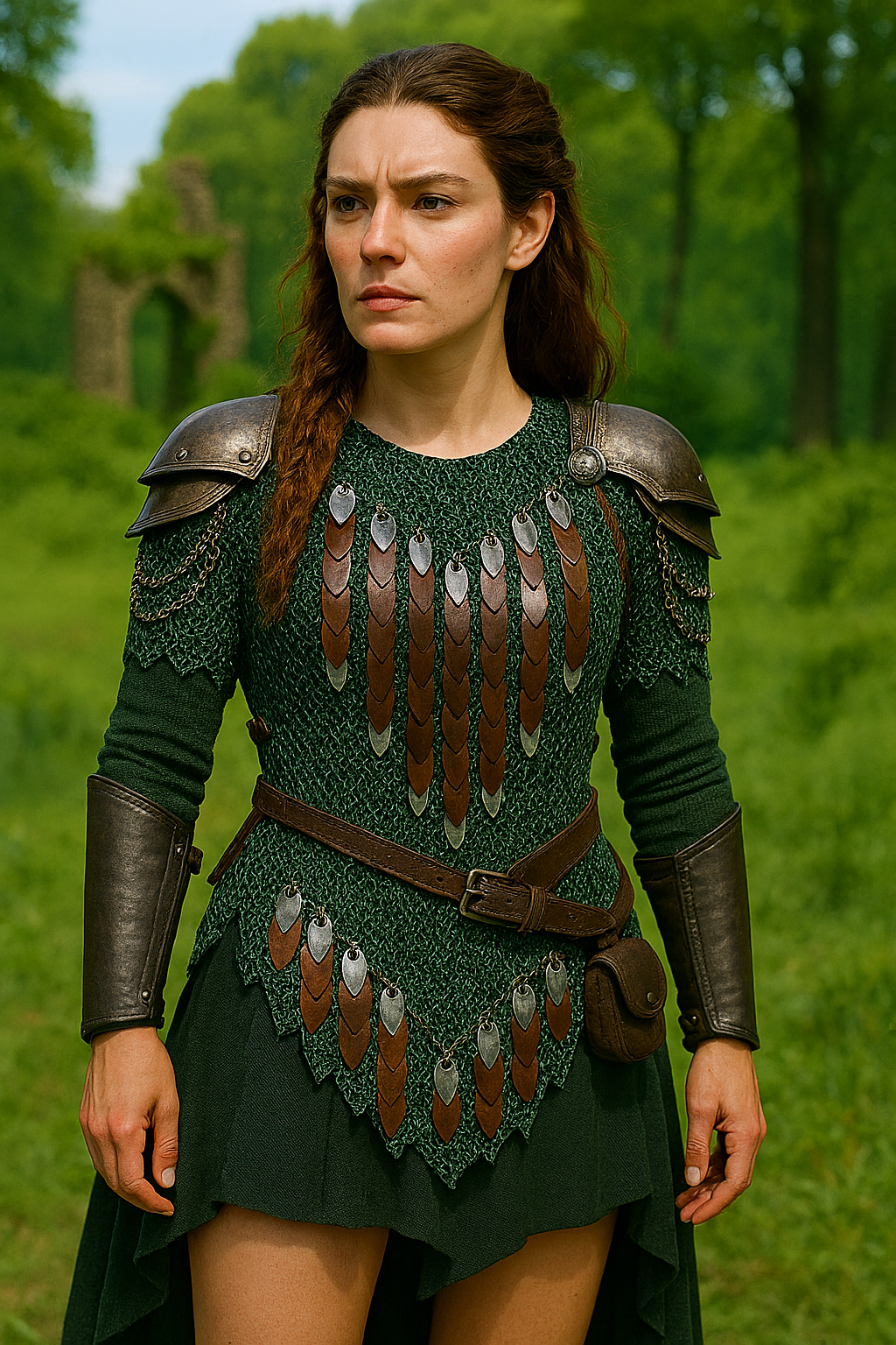 “European 4-in-1 chainmaille necklace in dark forest green with bronze and silver dragon scales on the front and shoulders, named Sherwood—handcrafted for woodland fantasy wear.”