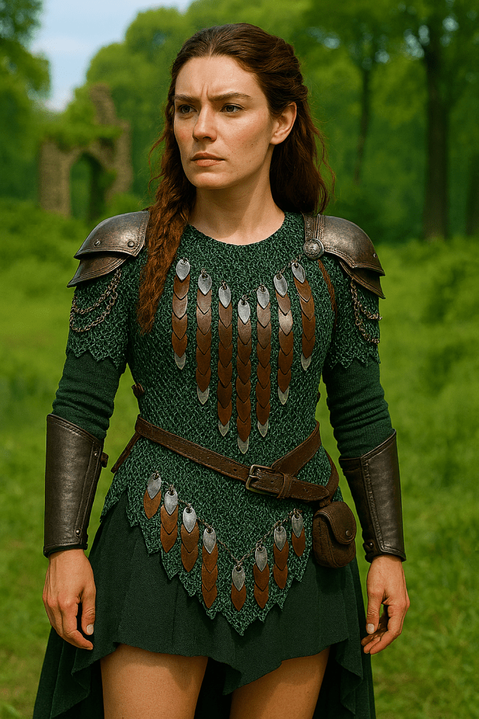 “European 4-in-1 chainmaille necklace in dark forest green with bronze and silver dragon scales on the front and shoulders, named Sherwood—handcrafted for woodland fantasy wear.”