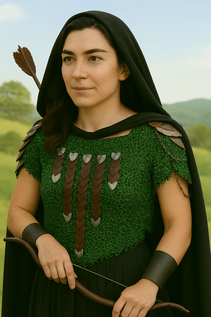 “European 4-in-1 chainmaille necklace in dark forest green with bronze and silver dragon scales on the front and shoulders, named Sherwood—handcrafted for woodland fantasy wear.”