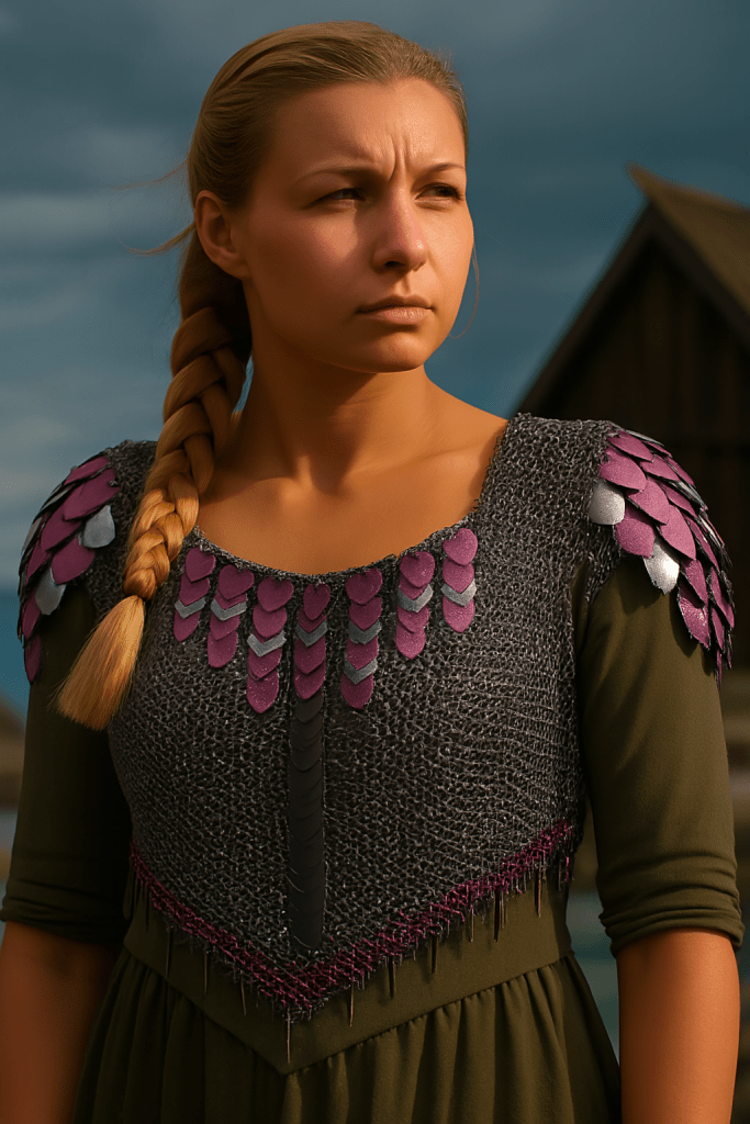 “European 4-in-1 chainmaille necklace in grey with mauve and silver dragon scales on the front and shoulders, named Moonshard—handcrafted for celestial fantasy wear.”