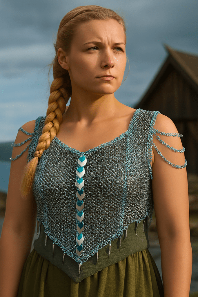 “European 4-in-1 chainmaille necklace in grey with light blue accents and silver and blue dragon scale shoulders, named Winterborne—handcrafted for icy fantasy elegance.”