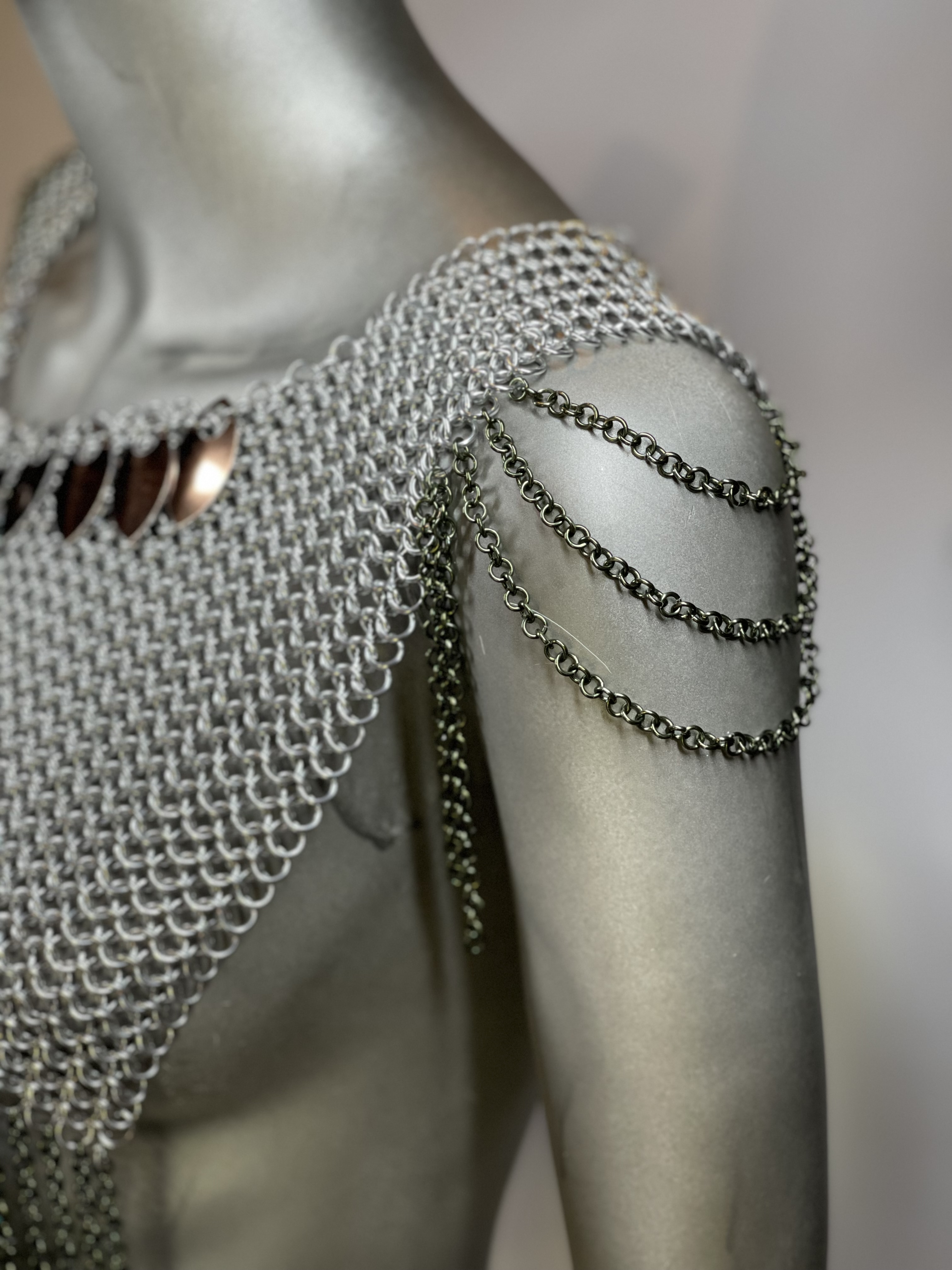 “European 4-in-1 chainmaille necklace in silver with bronze dragon scale shoulders, named Valhalla—handcrafted for Viking-inspired fantasy wear.”