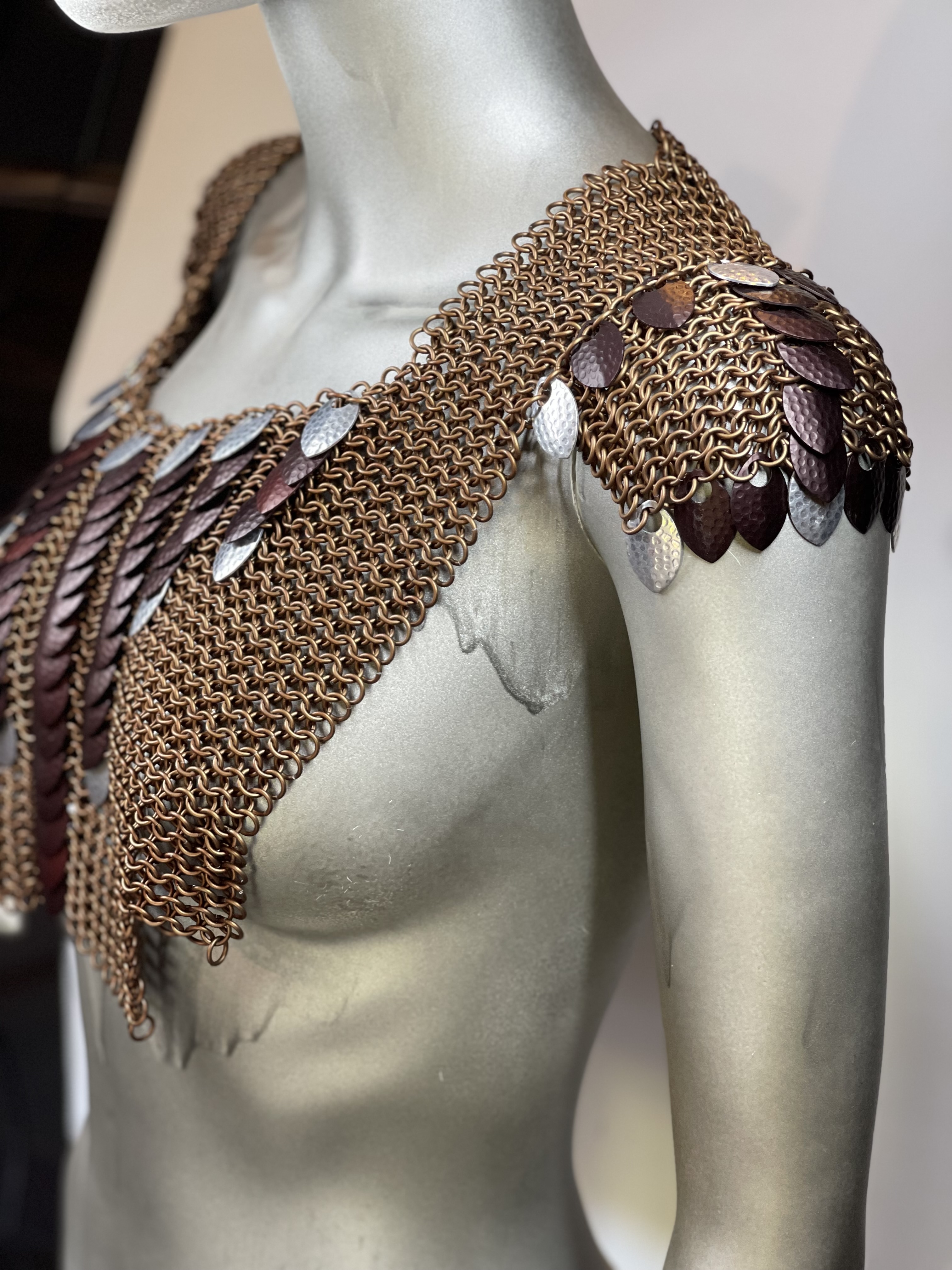 “European 4-in-1 chainmaille necklace in full bronze with bronze dragon scales on the front and shoulders, named Bronzeheart—handcrafted for fantasy guardians.”
