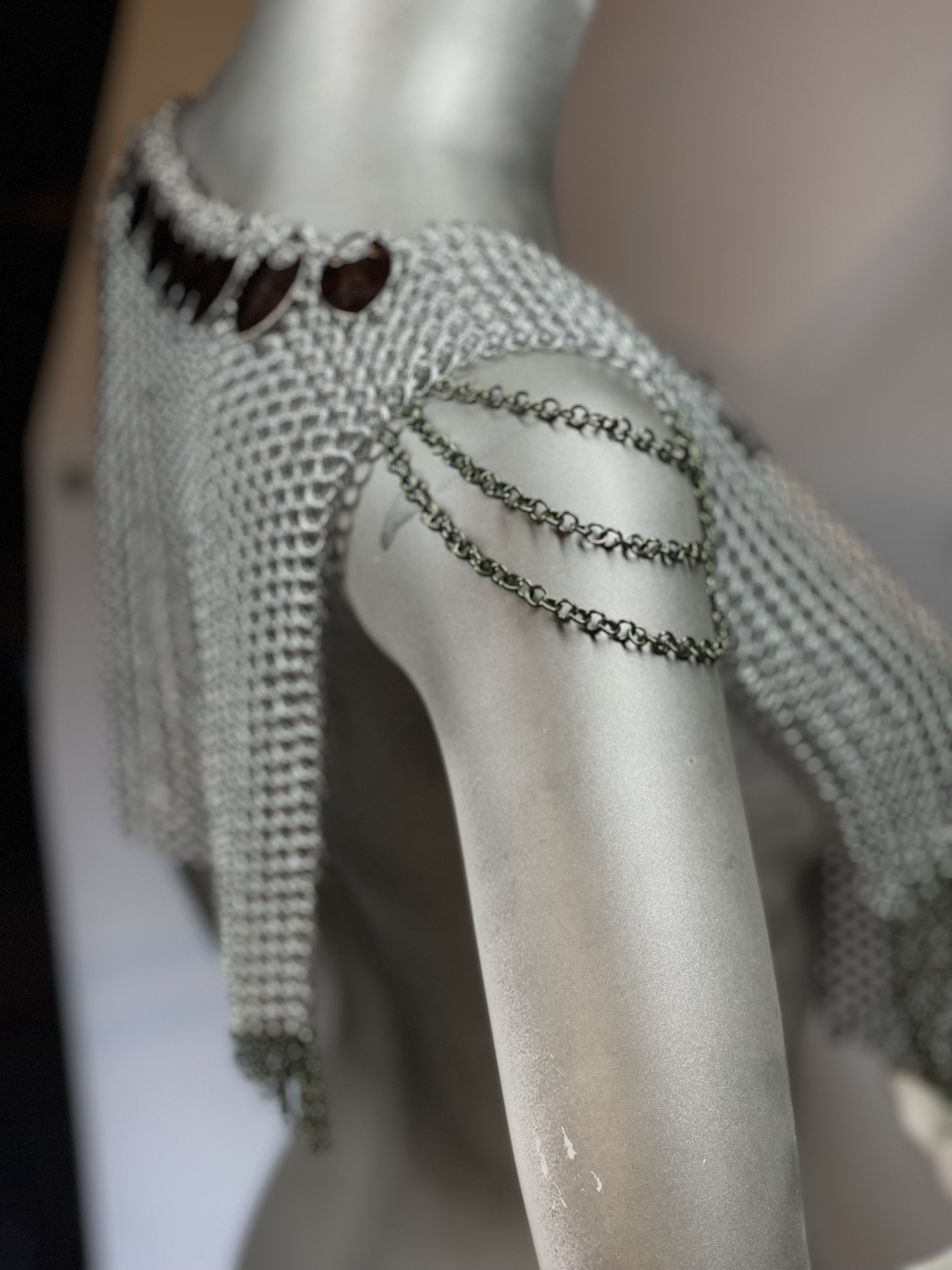 “European 4-in-1 chainmaille necklace in silver with bronze dragon scale shoulders, named Valhalla—handcrafted for Viking-inspired fantasy wear.”