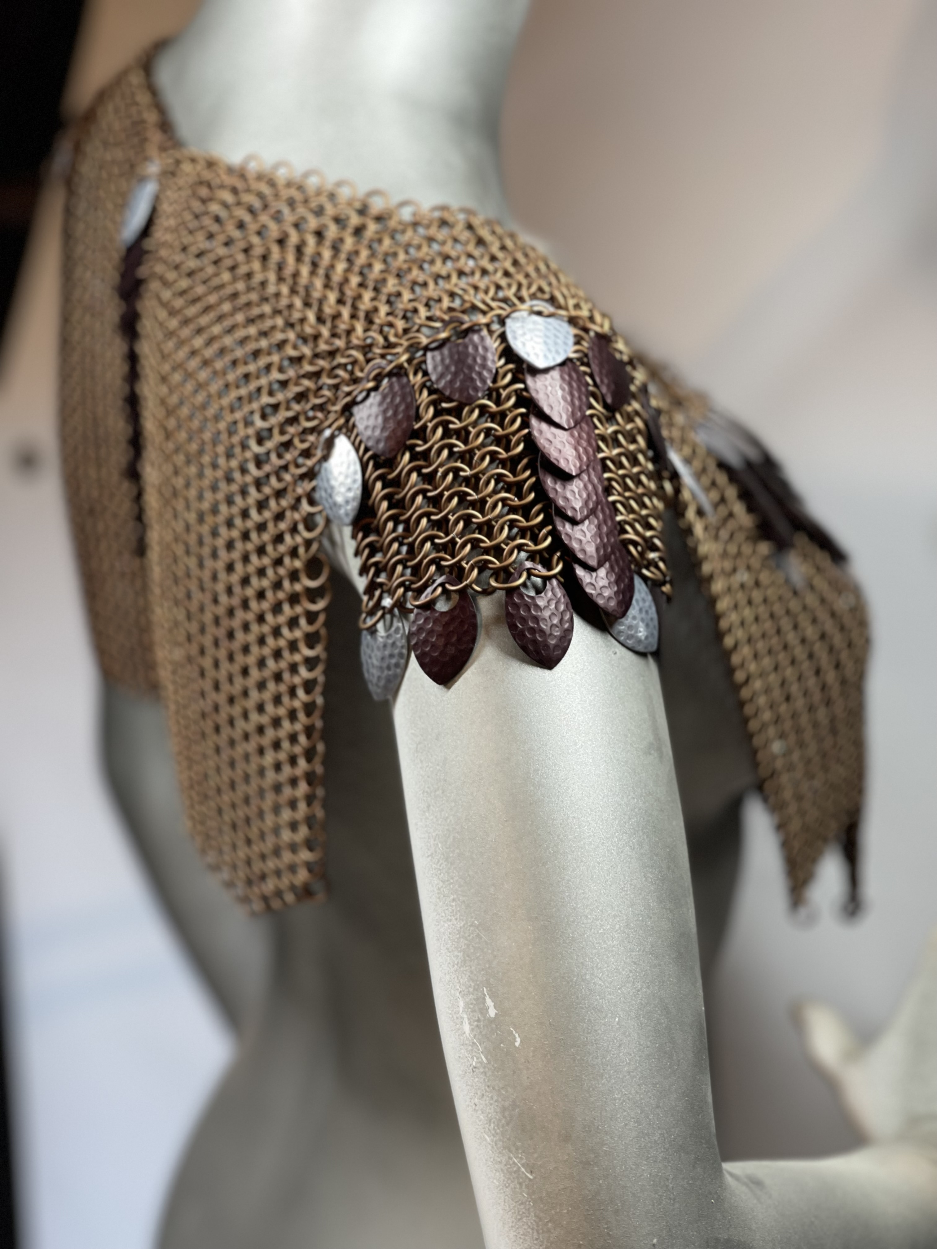 “European 4-in-1 chainmaille necklace in full bronze with bronze dragon scales on the front and shoulders, named Bronzeheart—handcrafted for fantasy guardians.”
