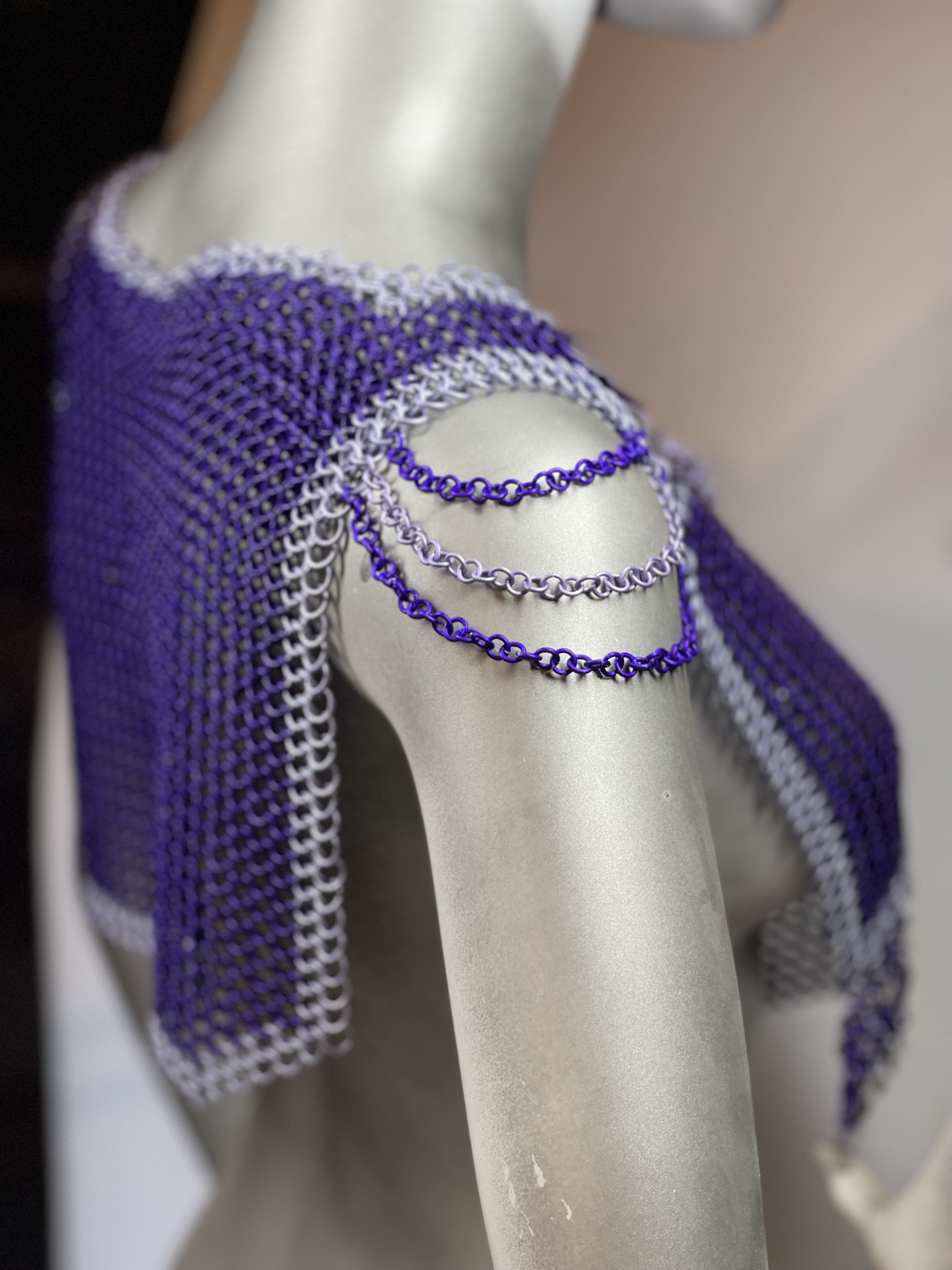 “Handcrafted European 4-in-1 chainmaille necklace in dark purple with lavender accents and silver dragon scale shoulders, named Royalborne.”