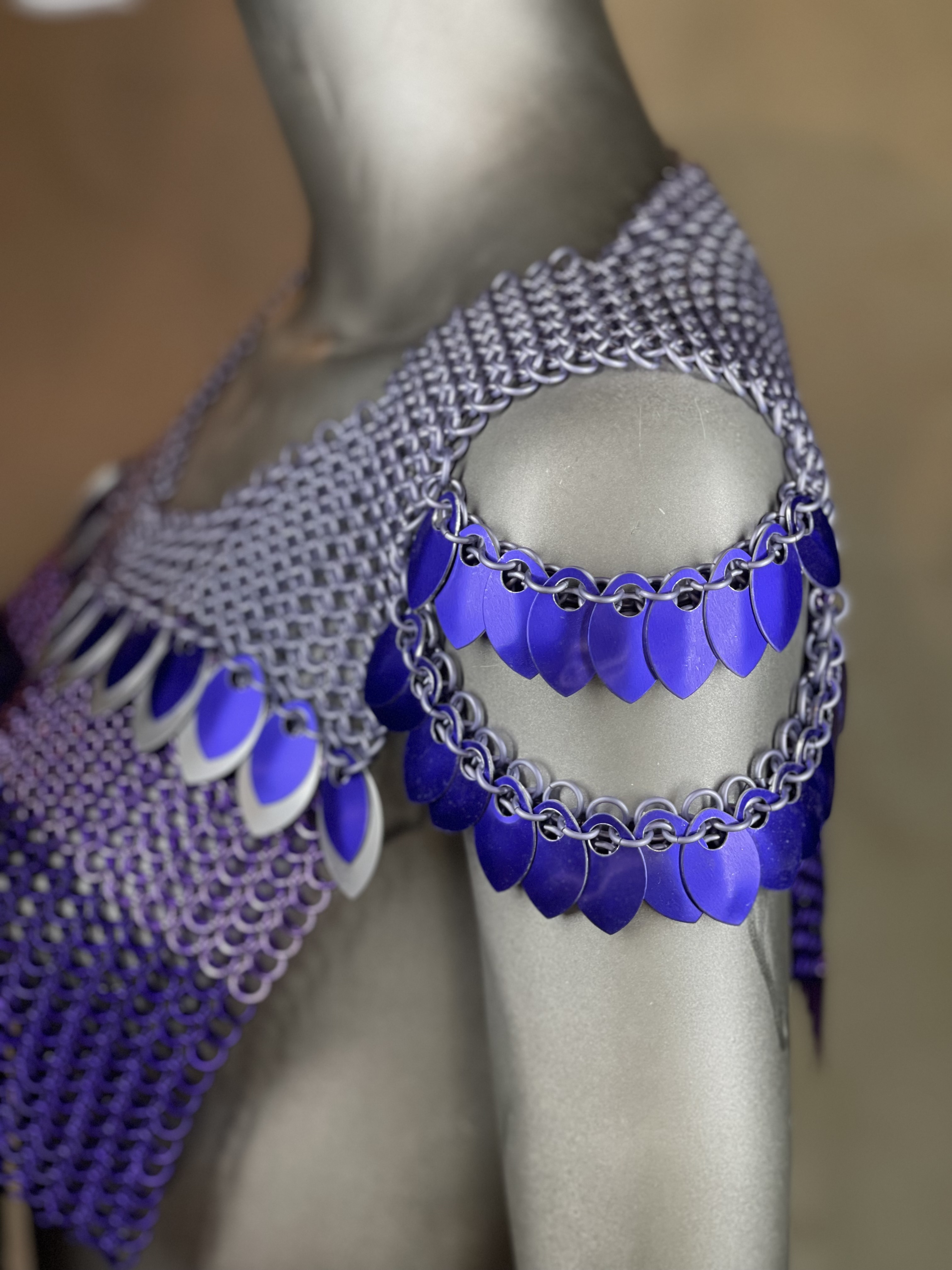 Viking woman with long blonde hair wearing lavender and silver chainmaille with purple scales. 
