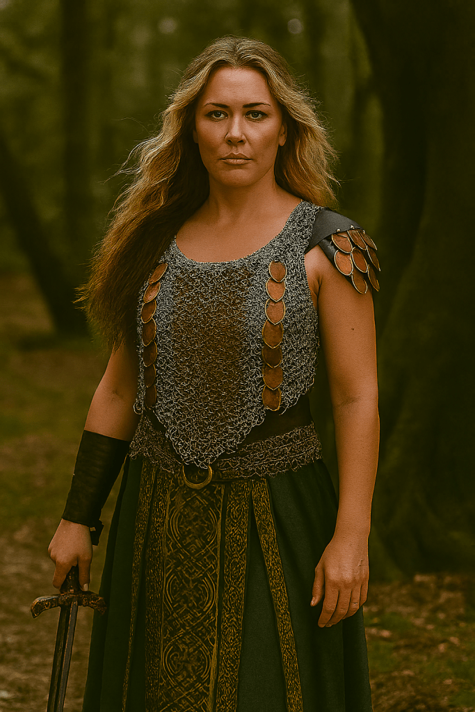 Photorealistic Fantasy woman with long blonde hair wearing bronze and silver chainmaille in a forest. She holds a sword and wears leather bracers and a tribal skirt.