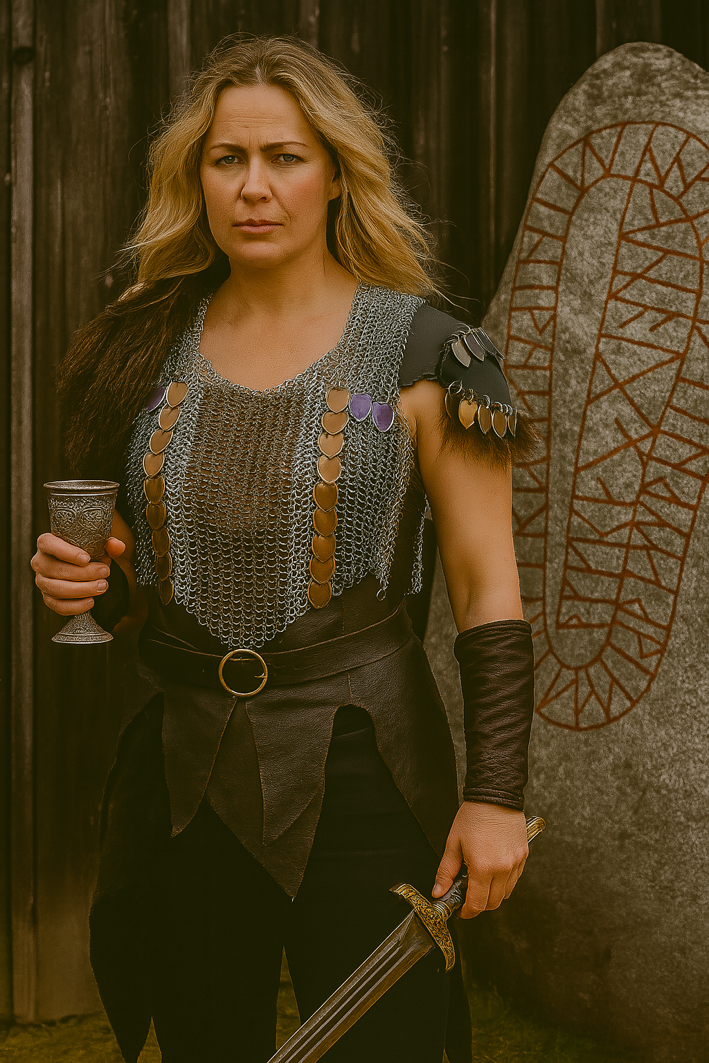 Viking woman with long blonde hair wearing bronze and silver chainmaille, standing beside a rune stone and wooden wall. She holds an engraved goblet and wears leather armor and a fur wrap.