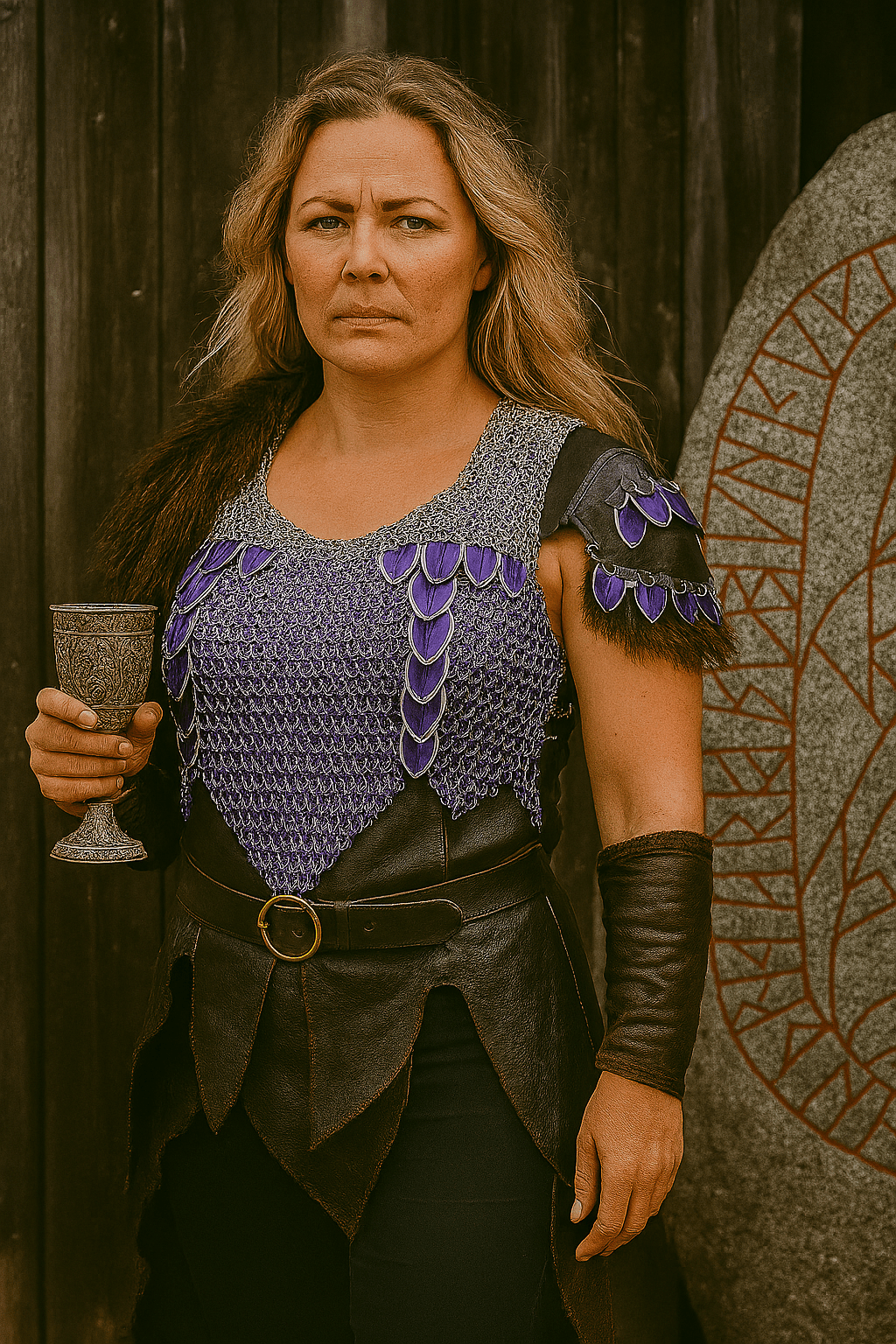 Explore lavender chainmaille styled for Viking cosplay—crafted in silver and purple scales, worn beside rune stones and leather bracers. A shieldmaiden’s elegance in every ring.