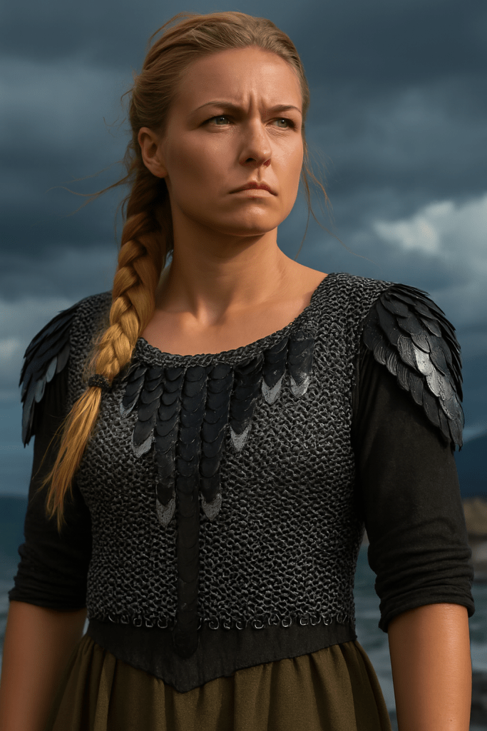 Dark grey chainmaille top with black and silver dragon scales, styled for fantasy cosplay or character armor