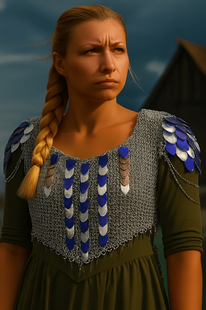 Silver chainmaille armor with dark purple and silver shoulder scales, mythic battle-inspired fantasy design