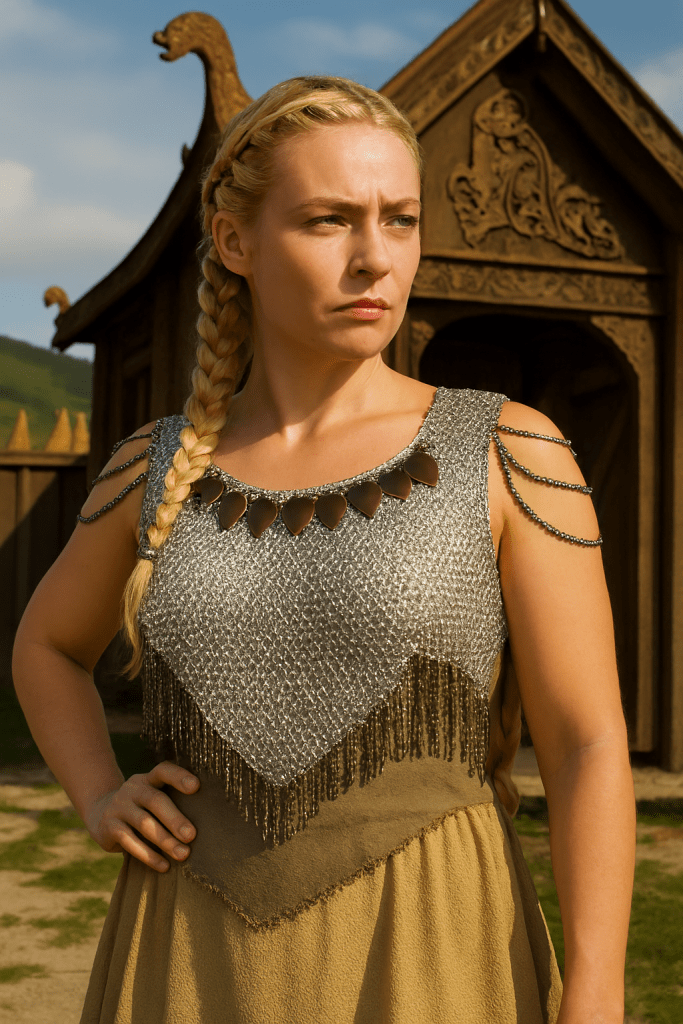 “European 4-in-1 chainmaille necklace in silver with bronze dragon scale shoulders, named Valhalla—handcrafted for Viking-inspired fantasy wear.”