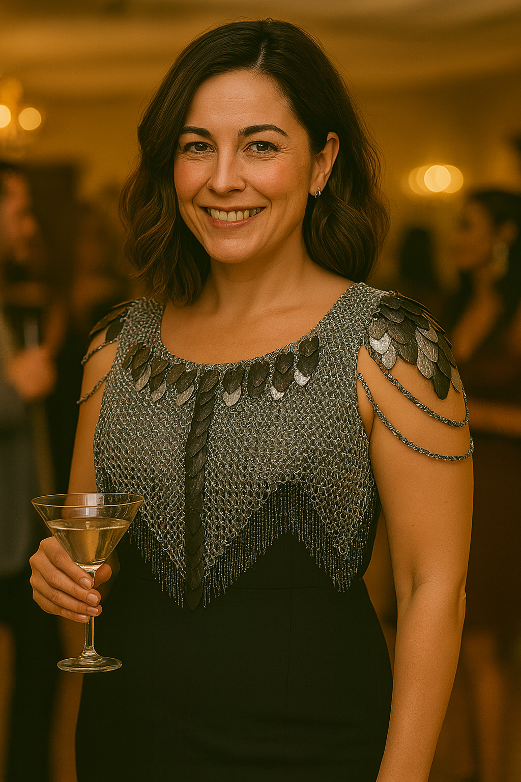 woman at a winter cocktail party wearing black European 4-in-1 chainmaille with vertical black scales. The armor is styled over a sleeveless black dress, with short chainmail sleeves and scale detailing. She holds a martini glass and smiles warmly under golden chandelier lighting.