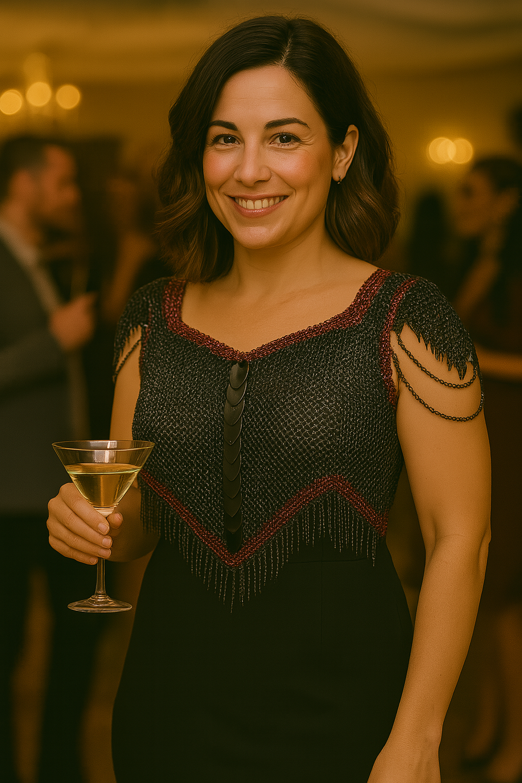woman at a winter cocktail party wearing black European 4-in-1 chainmaille with vertical black scales and burgundy trim. The armor is styled over a sleeveless black dress, with short chainmail sleeves and fringe detailing. She holds a martini glass and smiles warmly under golden chandelier lighting.
