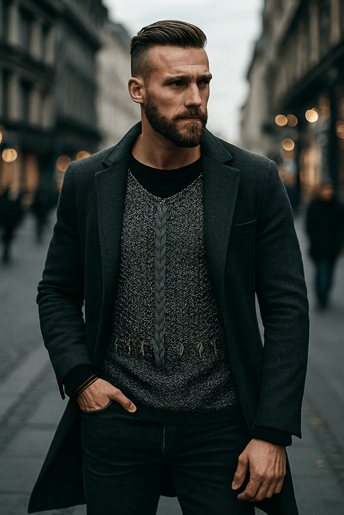 Modern man wearing sculptural chainmaille top with pointed shoulder accents and triangular fringe, styled for everyday