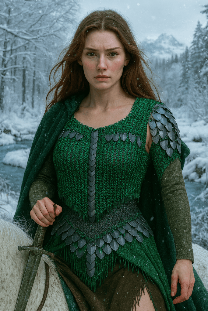 Photorealistic Medieval woman with auburn hair wearing emerald green chainmaille with dragon-scale shoulders, standing outdoors in the snow with mountains behind her.