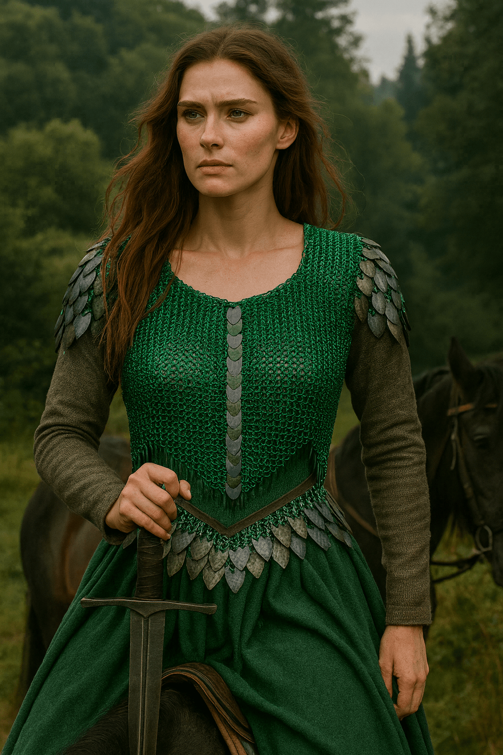 Photorealistic Medieval woman with auburn hair wearing emerald green chainmaille with dragon-scale shoulders, standing outdoors in the forest with mountains behind her.
