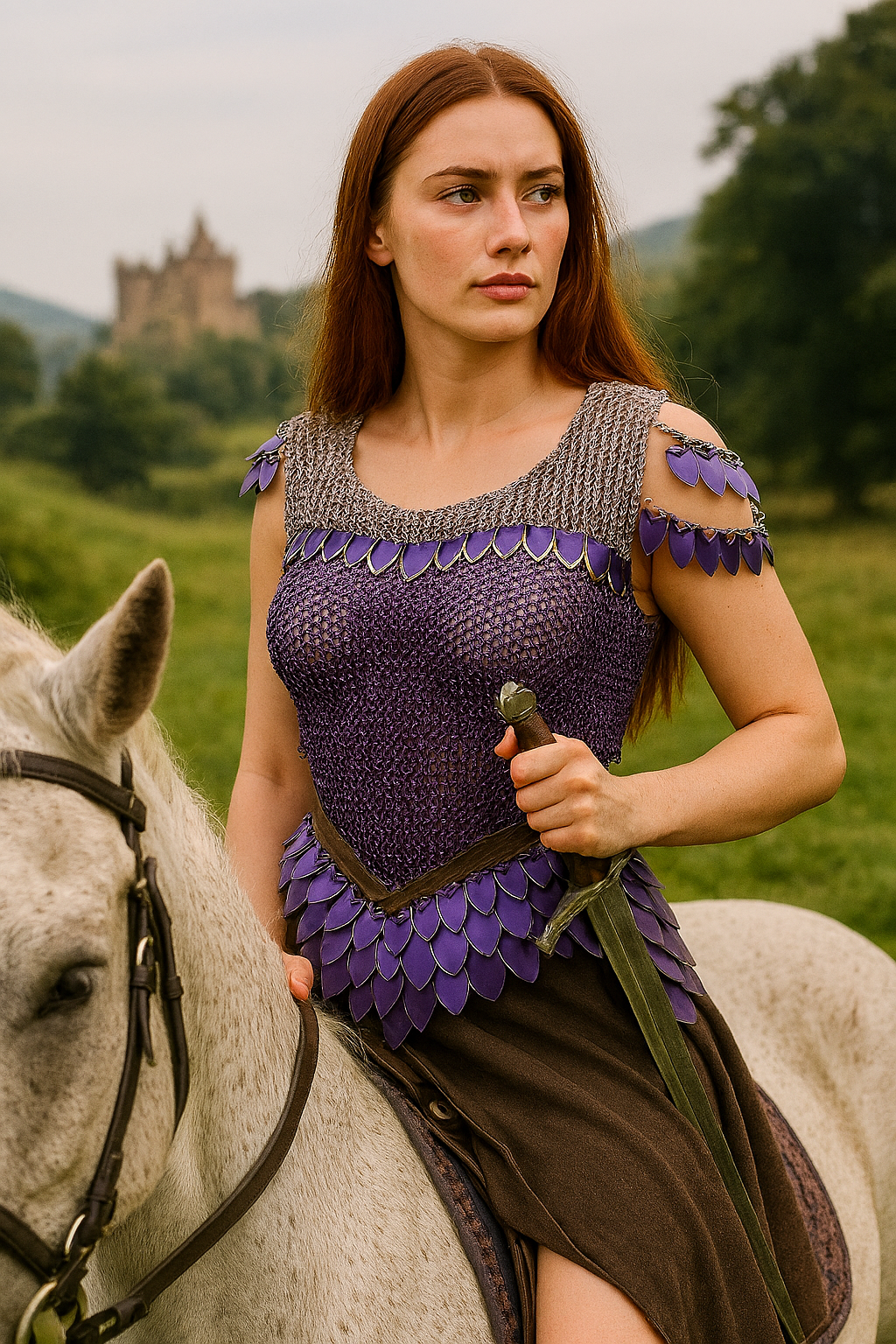  A photorealistic woman seated on a horse, her purple European 4-in-1 chainmaille shimmering in the sun. The armor transitions through three shades of purple, accented by reflective violet dragon scales along the neckline and  shoulders