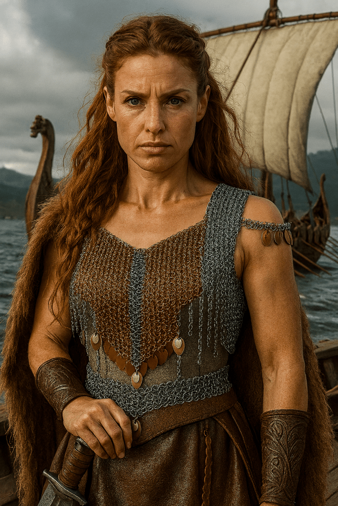 Photorealistic Viking woman with braided red hair wearing bronze and silver European 4-in-1 chainmaille, standing in a misty Viking village with a viking ship in the background