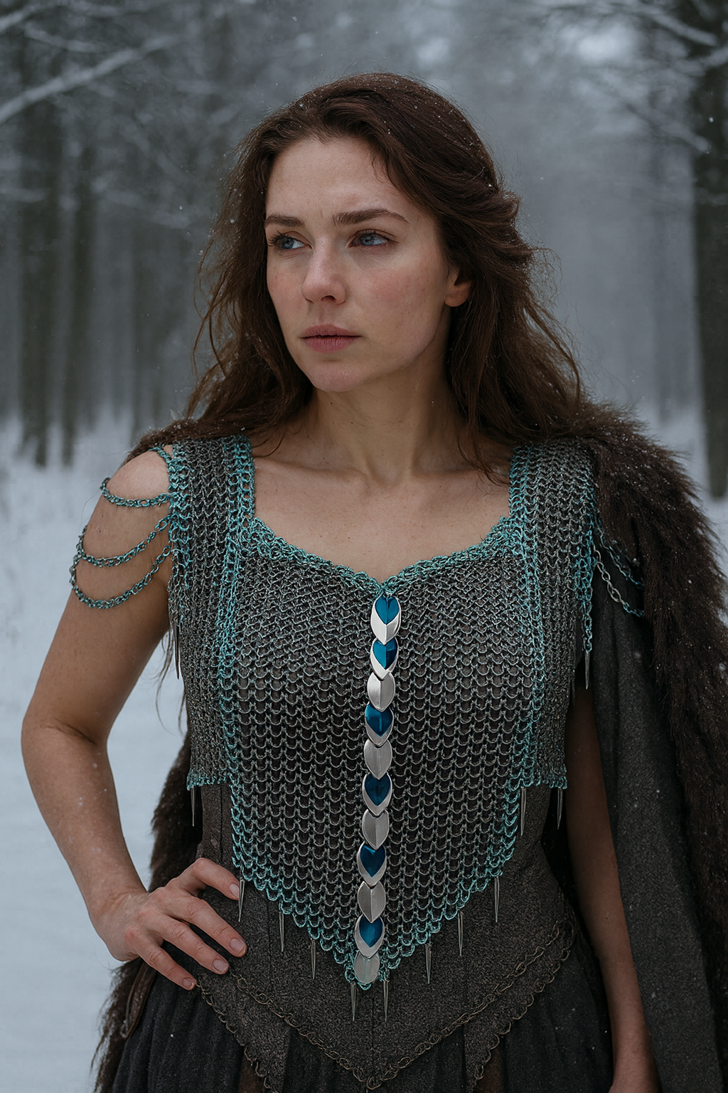 Fantasy warrior in snowy medieval setting with artisan armor and fur cloak