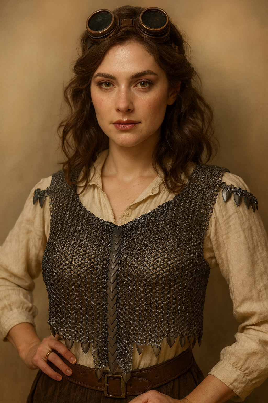 Artisan chainmaille shirt featuring dark grey rings and decorative serpent scales for fantasy or Steampunk styling.