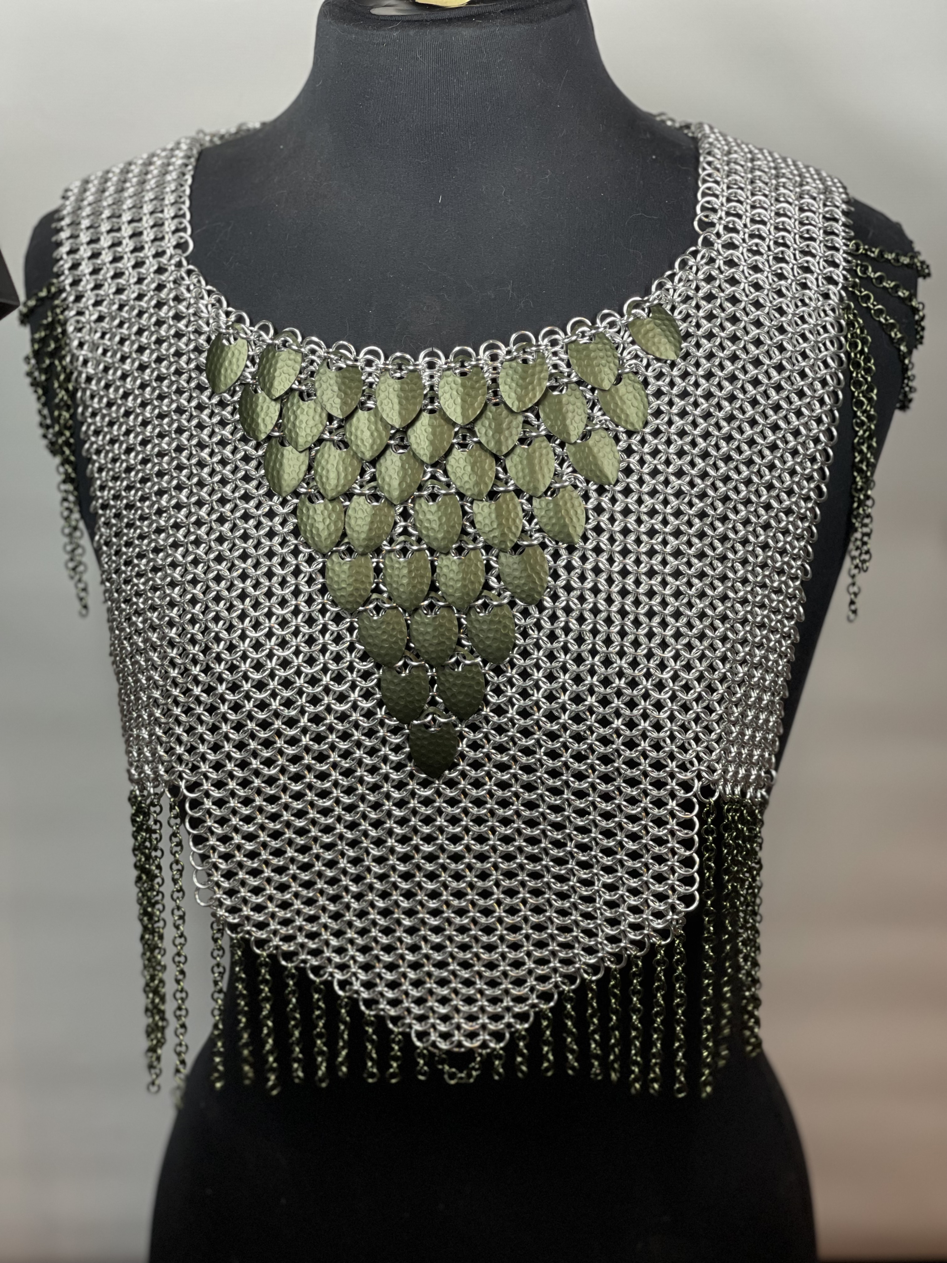 European 4-in-1 chainmaille in silver with hammered olive dragon scales, named Valhalla—handcrafted for Viking-inspired fantasy wear.