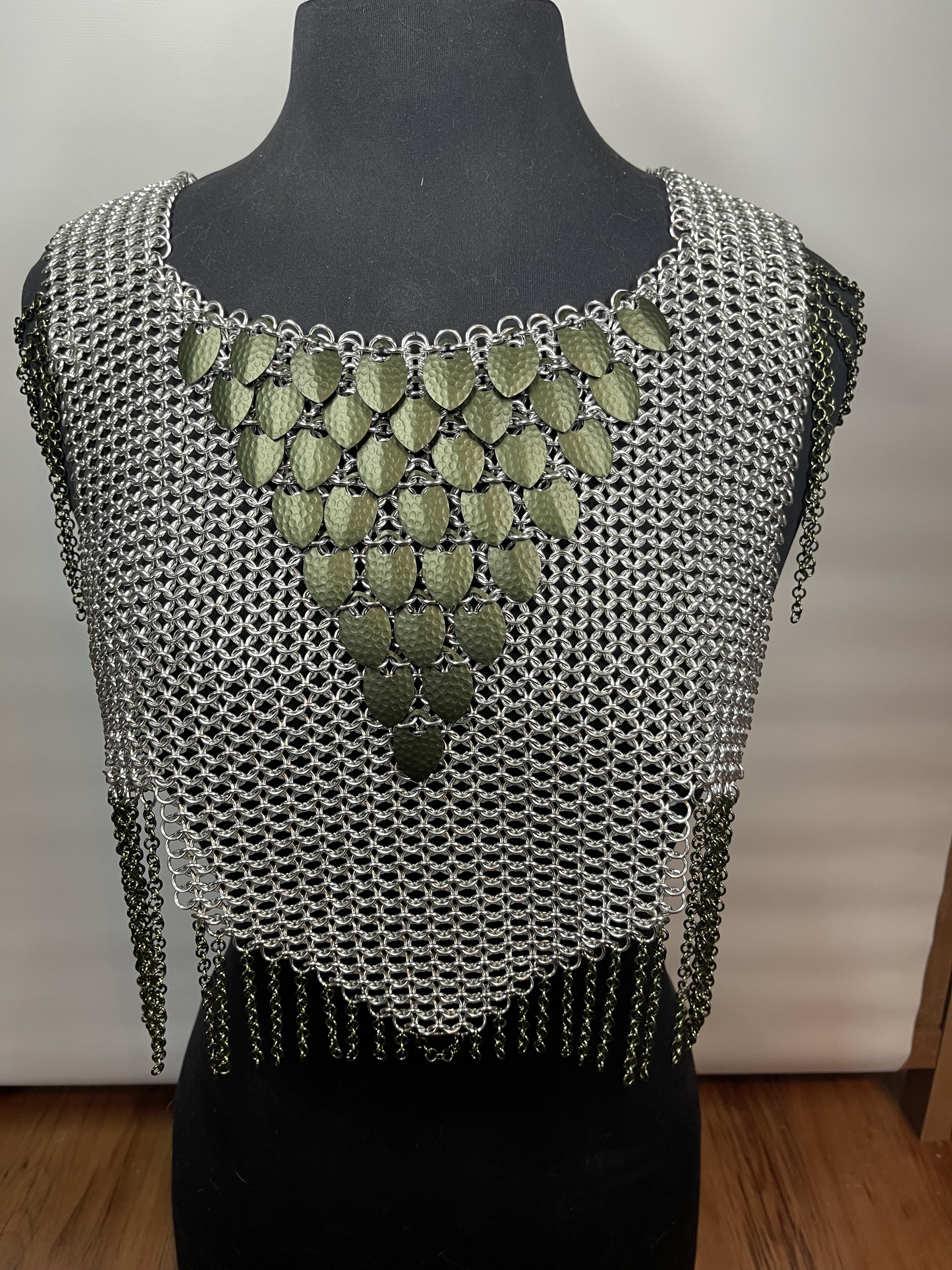 European 4-in-1 chainmaille in silver with hammered olive dragon scales, named Valhalla—handcrafted for Viking-inspired fantasy wear.