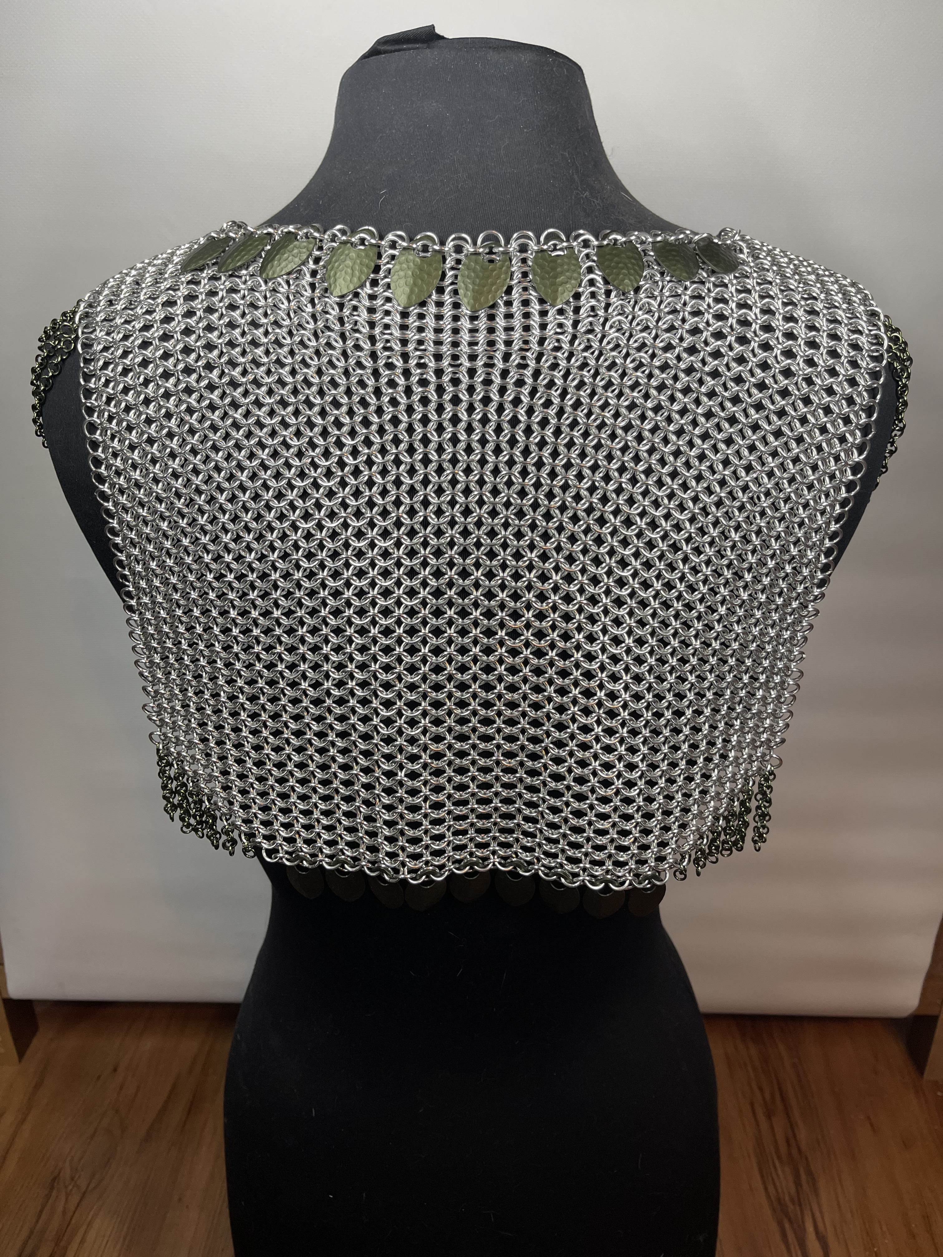 European 4-in-1 chainmaille in silver with hammered olive dragon scales, named Valhalla—handcrafted for Viking-inspired fantasy wear.