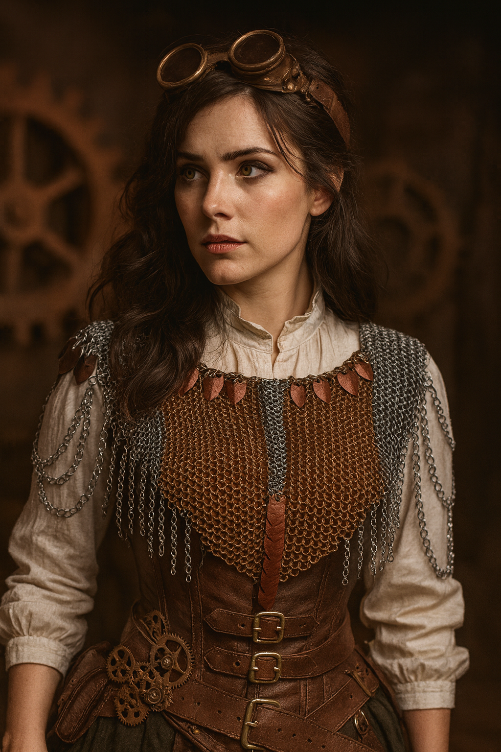 Photorealistic woman in Steampunk attire wearing bronze and grey European 4-in-1 chainmaille with bronze scales, standing in an industrial gear-filled setting with brass goggles and leather corset.