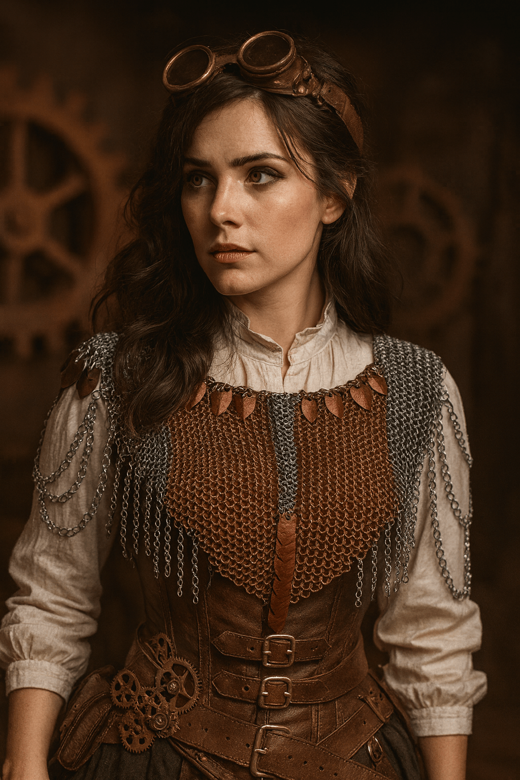 Photorealistic woman in Steampunk attire wearing bronze and grey European 4-in-1 chainmaille with bronze scales, standing in an industrial gear-filled setting with brass goggles and leather corset.