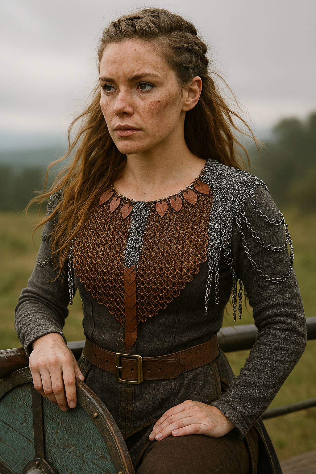 Medieval woman warrior wearing bronze and grey European 4-in-1 chainmaille with bronze scales, standing in a castle courtyard with sword and leather belt, gazing into the distance.