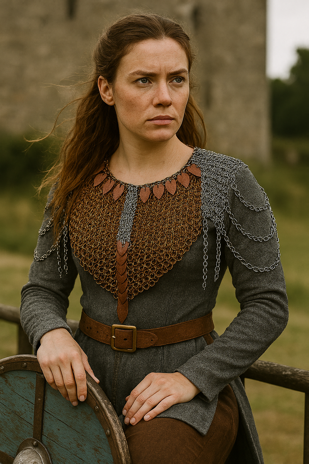 Viking shieldmaiden wearing bronze and grey European 4-in-1 chainmaille with bronze scales, standing in a misty Nordic landscape with braided hair and round wooden shield.