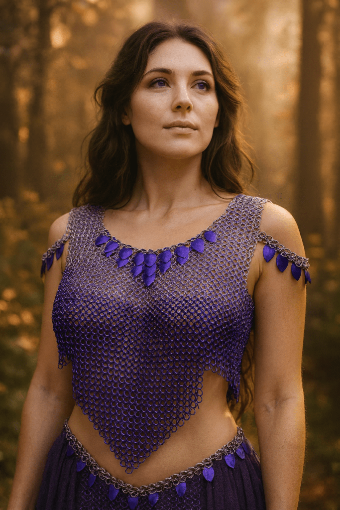 A photorealistic woman standing in the sun, her purple European 4-in-1 chainmaille shimmering in the sun. The armor transitions through three shades of purple, accented by reflective violet dragon scales along the neckline and shoulders