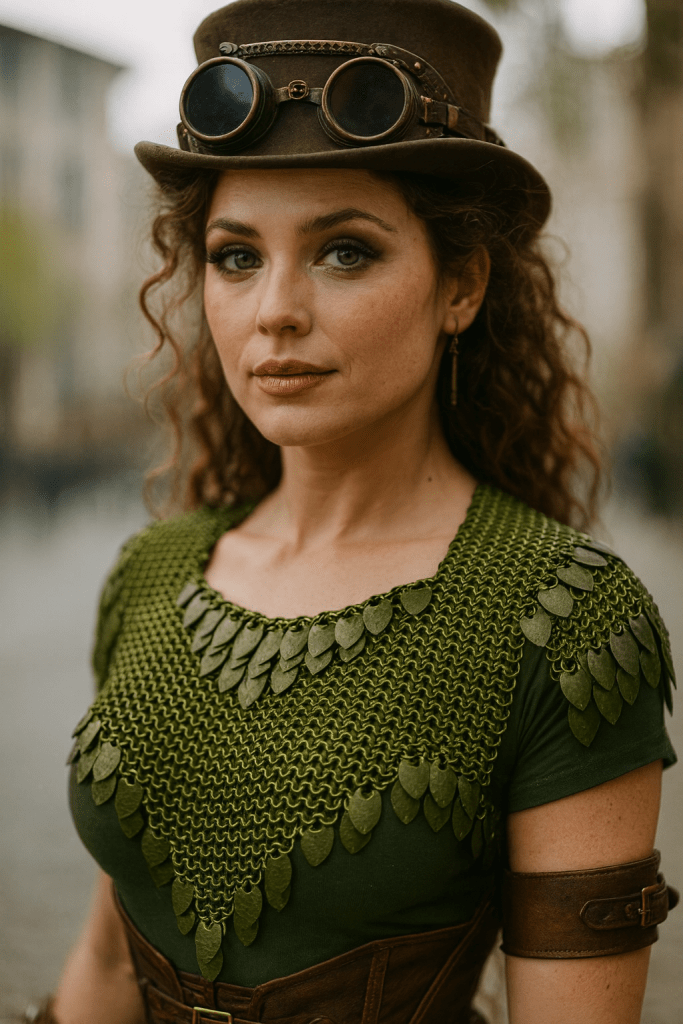 Woman in a Steampunk world wearing olive green chainmaille with matching dragon-scale accents, surrounded by warm industrial lighting.