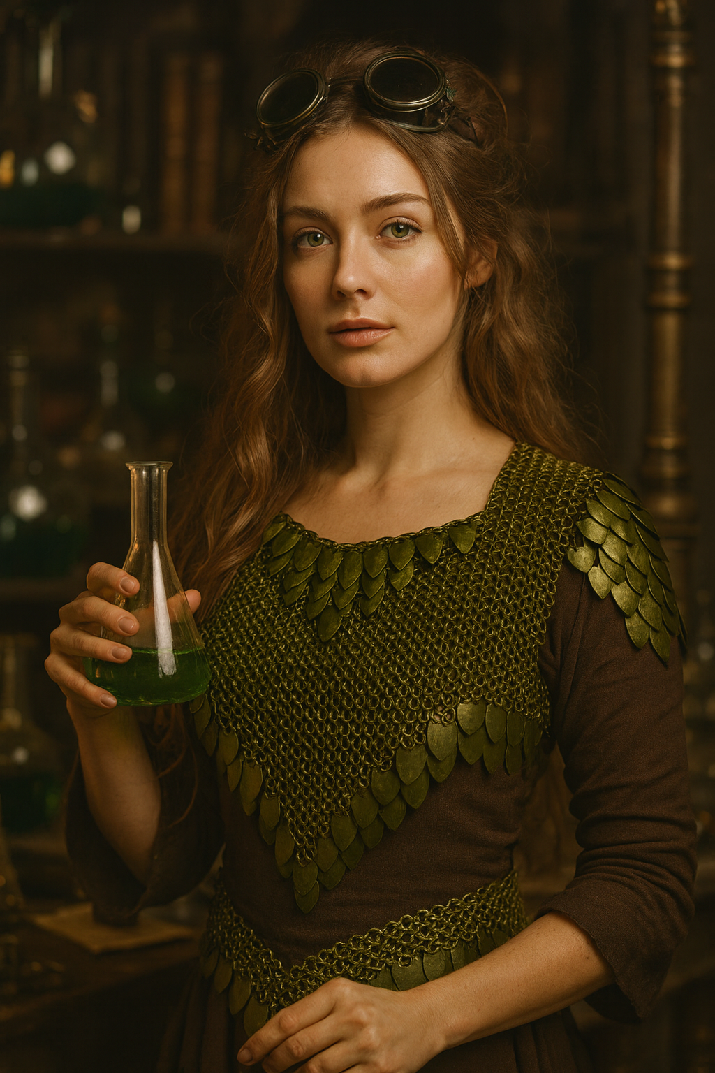 Woman in a Steampunk world wearing olive green chainmaille with matching dragon-scale accents, surrounded by warm industrial lighting.