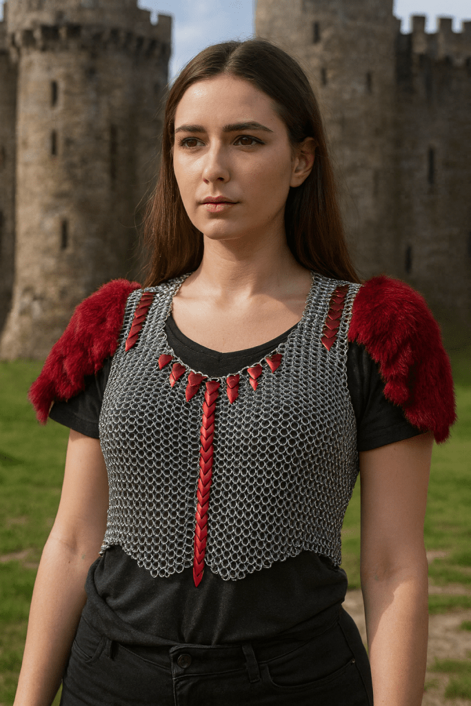 European 4‑in‑1 chainmaille with Frost rings, red serpent scales, and red fur shoulders in a fantasy landscape.”

