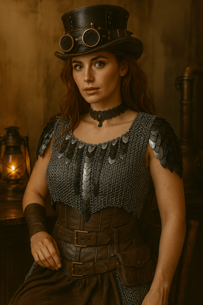 Woman in a Steampunk world wearing dark grey chainmaille with matching dragon-scale accents, surrounded by warm industrial lighting.